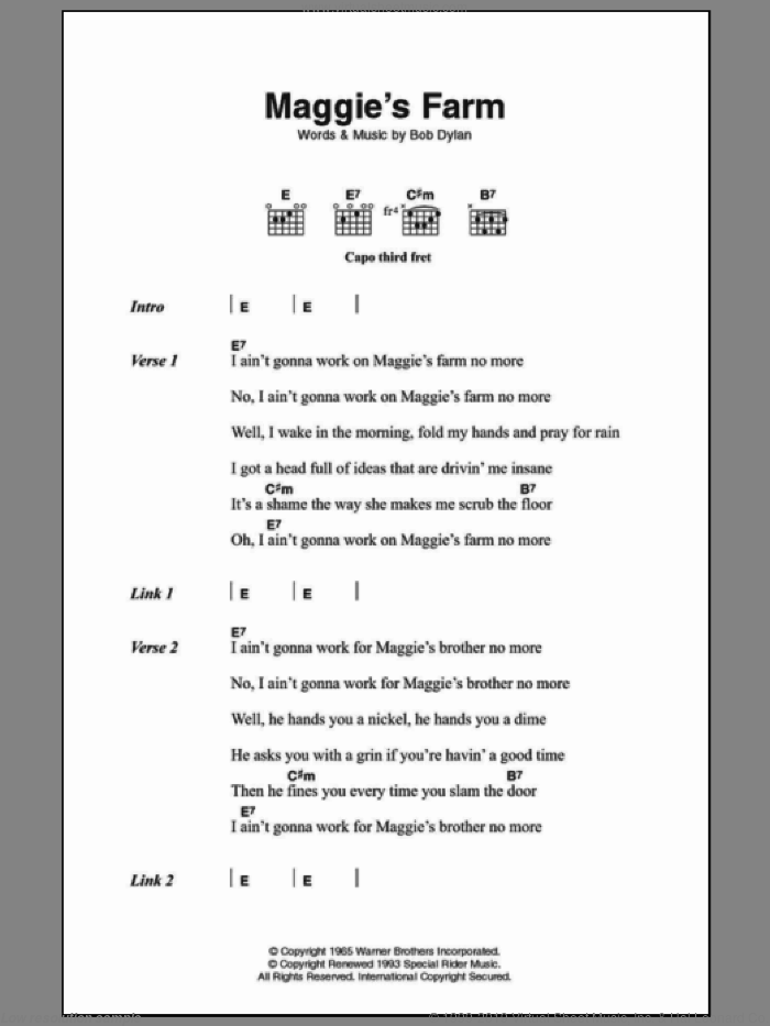 Maggie's Farm sheet music for guitar (chords) by Bob Dylan, intermediate skill level