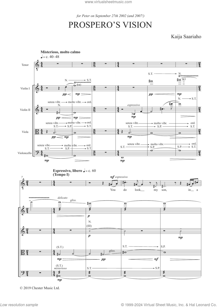 Prospero's Vision (COMPLETE) sheet music for string quartet (violin, viola, cello) by Kaija Saariaho, classical score, intermediate skill level