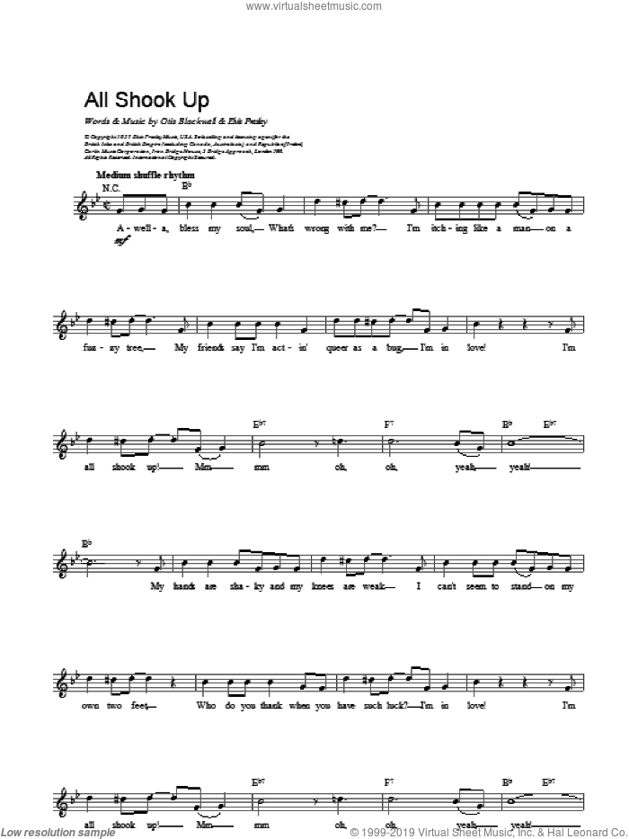All Shook Up sheet music for voice and other instruments (fake book) by Elvis Presley, intermediate skill level