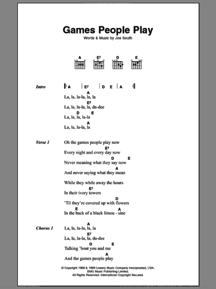 Games People Play sheet music for guitar (chords) by Joe South, intermediate skill level