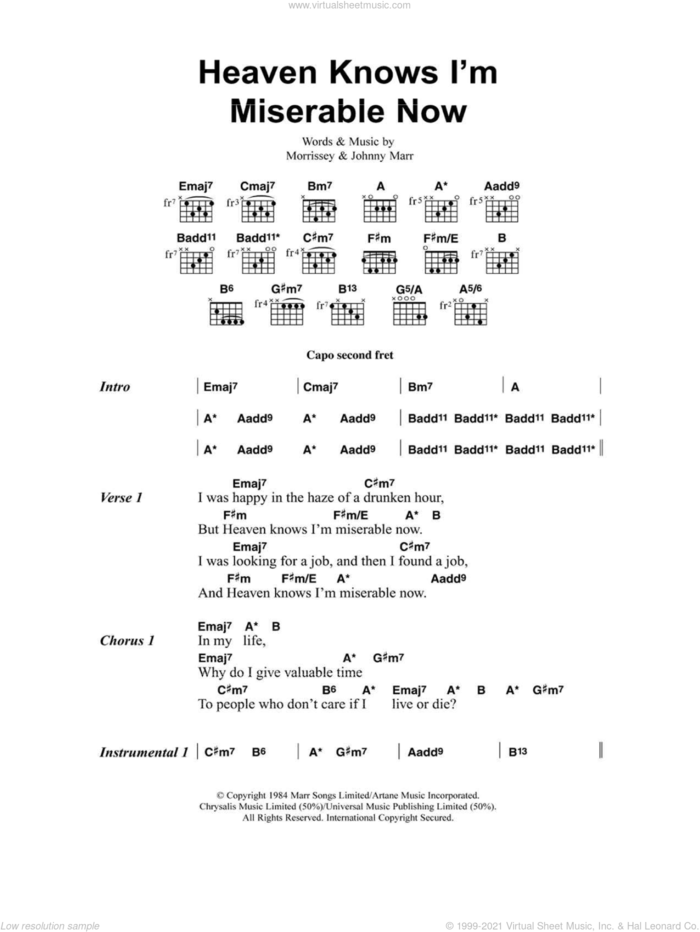 Heaven Knows I'm Miserable Now sheet music for guitar (chords) by The Smiths, Johnny Marr and Steven Morrissey, intermediate skill level