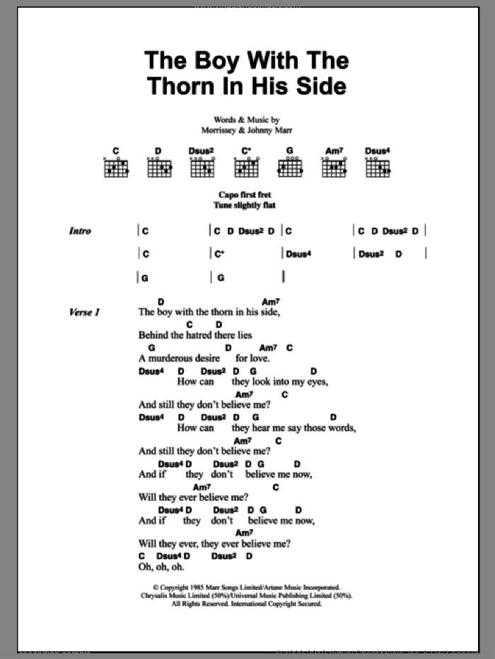 The Boy With The Thorn In His Side sheet music for guitar (chords) by The Smiths, Johnny Marr and Steven Morrissey, intermediate skill level