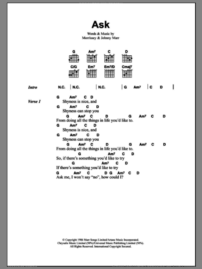 Ask sheet music for guitar (chords) by The Smiths, Johnny Marr and Steven Morrissey, intermediate skill level