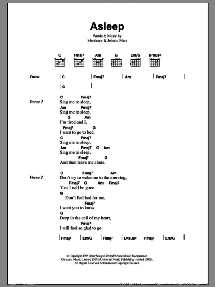 Asleep sheet music for guitar (chords) by The Smiths, Johnny Marr and Steven Morrissey, intermediate skill level