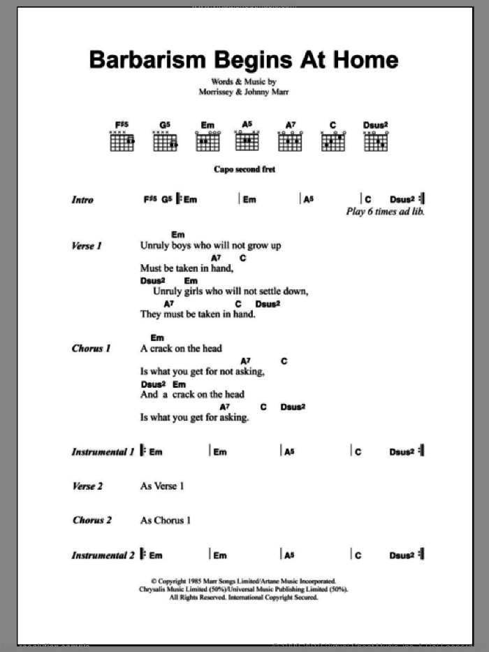 Barbarism Begins At Home sheet music for guitar (chords) by The Smiths, Johnny Marr and Steven Morrissey, intermediate skill level