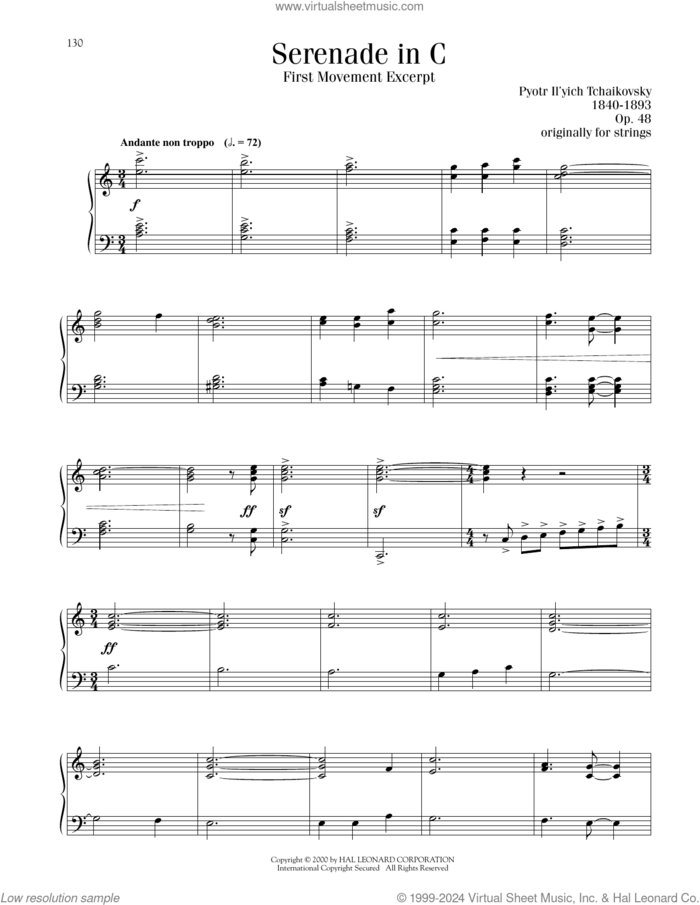 Serenade In C, Op. 48, First Movement Excerpt sheet music for piano solo by Pyotr Ilyich Tchaikovsky, classical score, intermediate skill level
