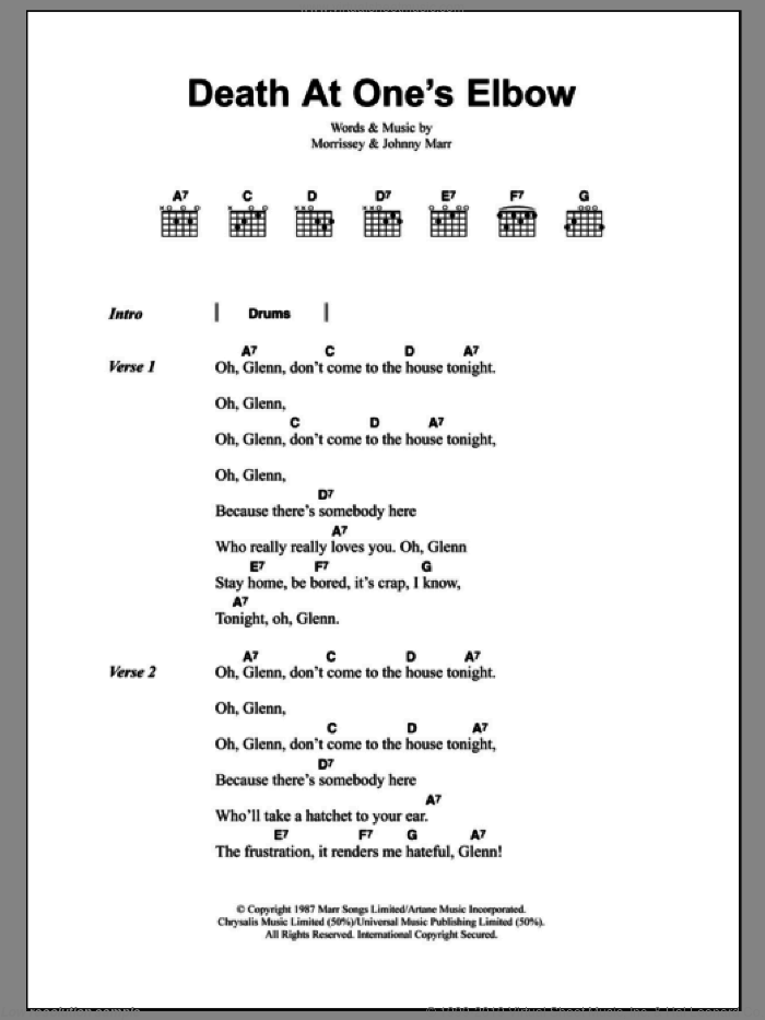 Death At One's Elbow sheet music for guitar (chords) by The Smiths, Johnny Marr and Steven Morrissey, intermediate skill level
