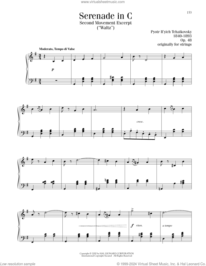 Serenade In C, Op. 48, Second Movement ('Waltz') Excerpt sheet music for piano solo by Pyotr Ilyich Tchaikovsky, classical score, intermediate skill level