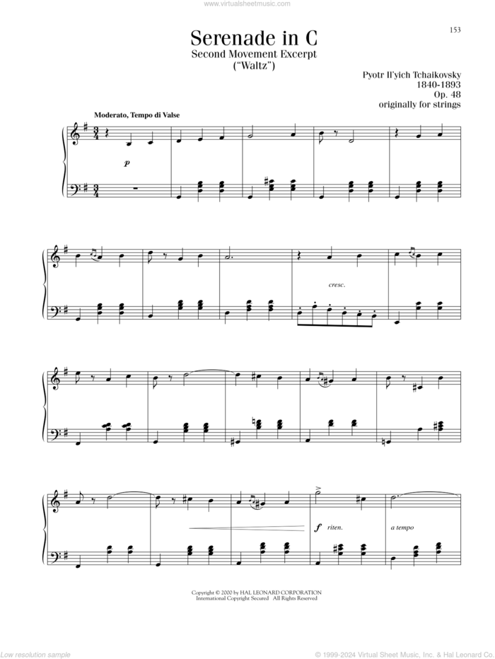 Serenade In C, Op. 48, Second Movement ('Waltz') Excerpt sheet music for piano solo by Pyotr Ilyich Tchaikovsky, classical score, intermediate skill level