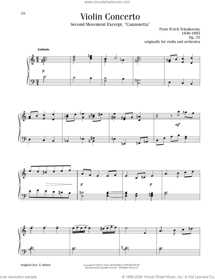 Violin Concerto in D Major, Op. 35, Second Movement ('Canzonetta') Excerpt sheet music for piano solo by Pyotr Ilyich Tchaikovsky, classical score, intermediate skill level