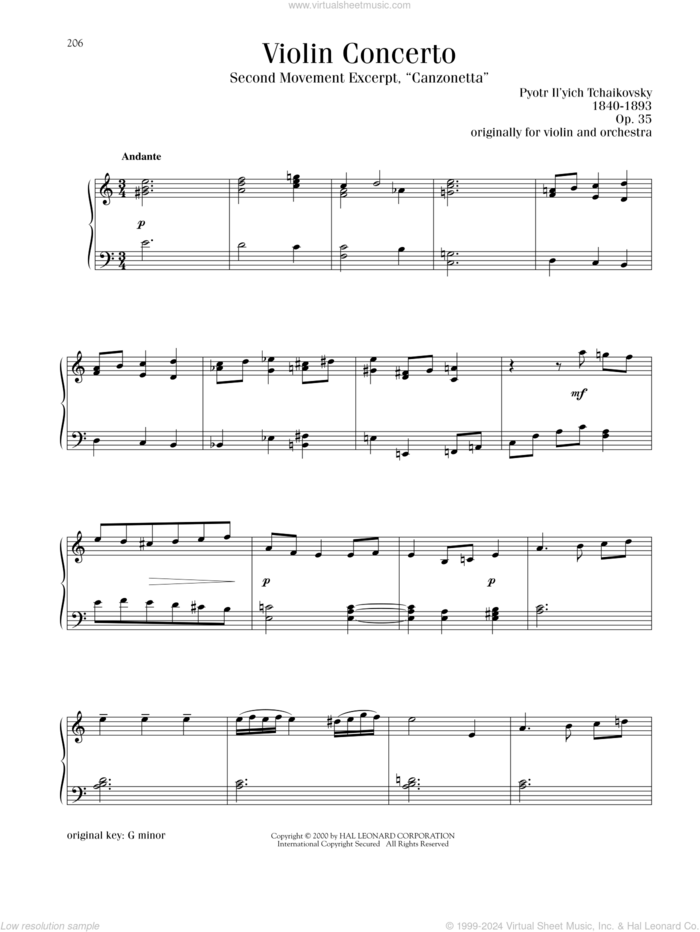 Violin Concerto in D Major, Op. 35, Second Movement ('Canzonetta') Excerpt sheet music for piano solo by Pyotr Ilyich Tchaikovsky, classical score, intermediate skill level