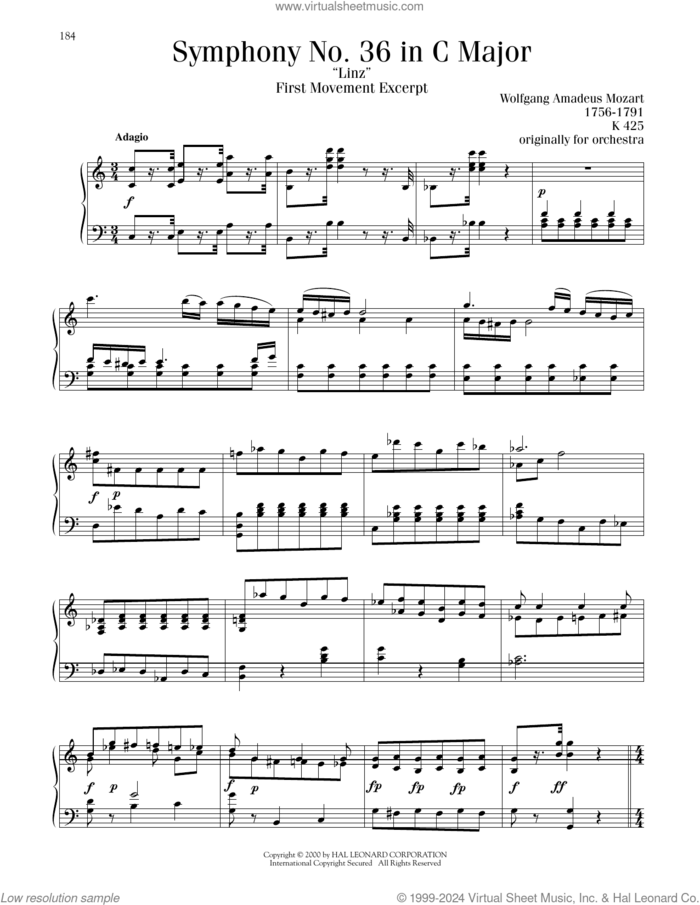 Symphony No. 36 ('Linz'), First Movement Excerpt sheet music for piano solo by Wolfgang Amadeus Mozart, classical score, intermediate skill level