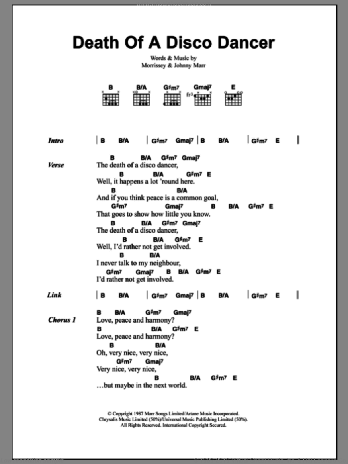 Death Of A Disco Dancer sheet music for guitar (chords) by The Smiths, Johnny Marr and Steven Morrissey, intermediate skill level