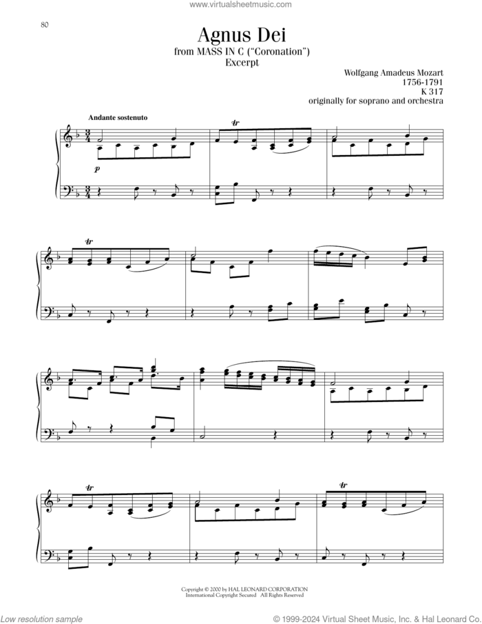 Agnus Dei, Excerpt, (intermediate) sheet music for piano solo by Wolfgang Amadeus Mozart, classical score, intermediate skill level