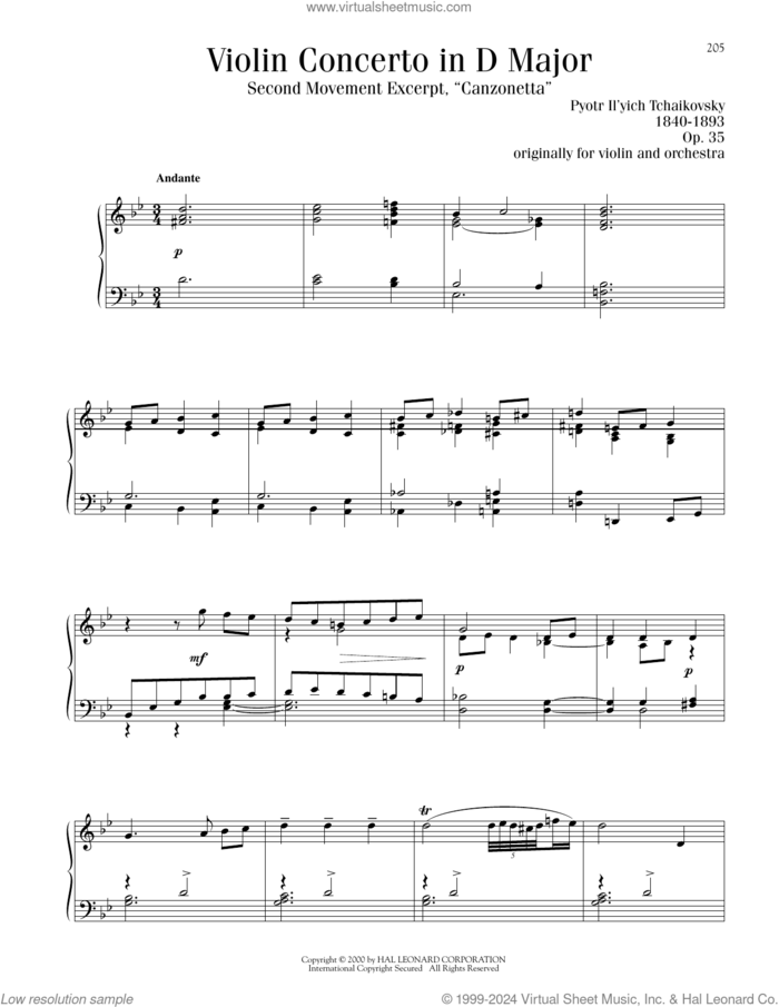 Violin Concerto in D Major, Op. 35, Second Movement ('Canzonetta') Excerpt sheet music for piano solo by Pyotr Ilyich Tchaikovsky, classical score, intermediate skill level