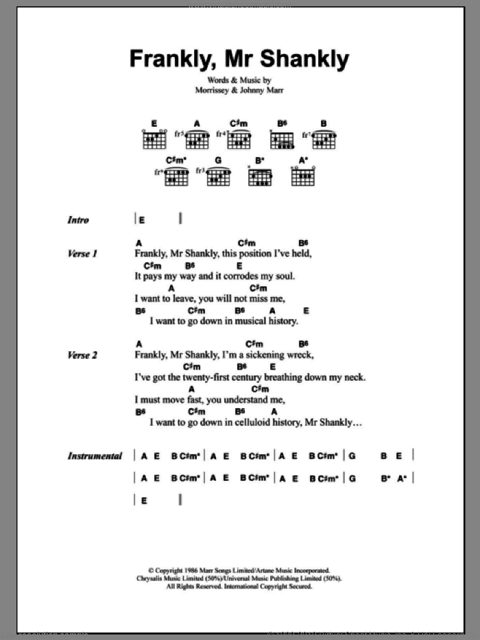 Frankly, Mr Shankly sheet music for guitar (chords) by The Smiths, Johnny Marr and Steven Morrissey, intermediate skill level