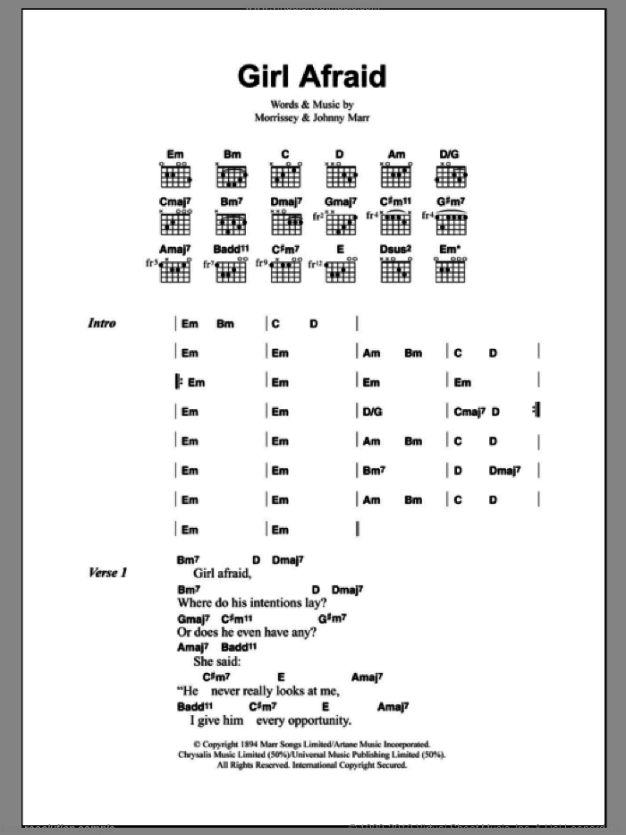 Girl Afraid sheet music for guitar (chords) by The Smiths, Johnny Marr and Steven Morrissey, intermediate skill level