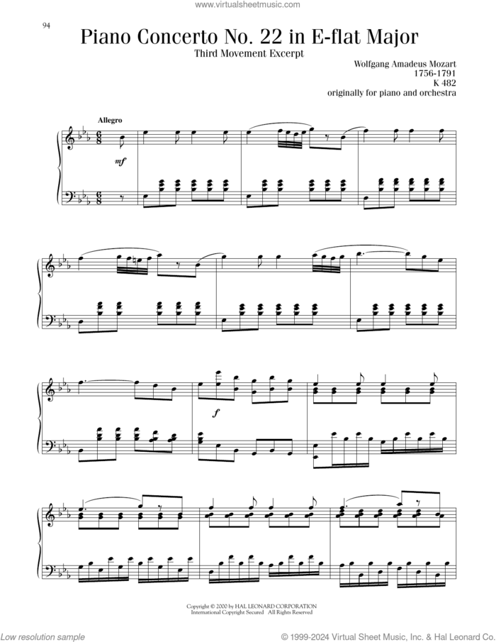 Piano Concerto No. 22 In E-Flat Major sheet music for piano solo by Wolfgang Amadeus Mozart, classical score, intermediate skill level