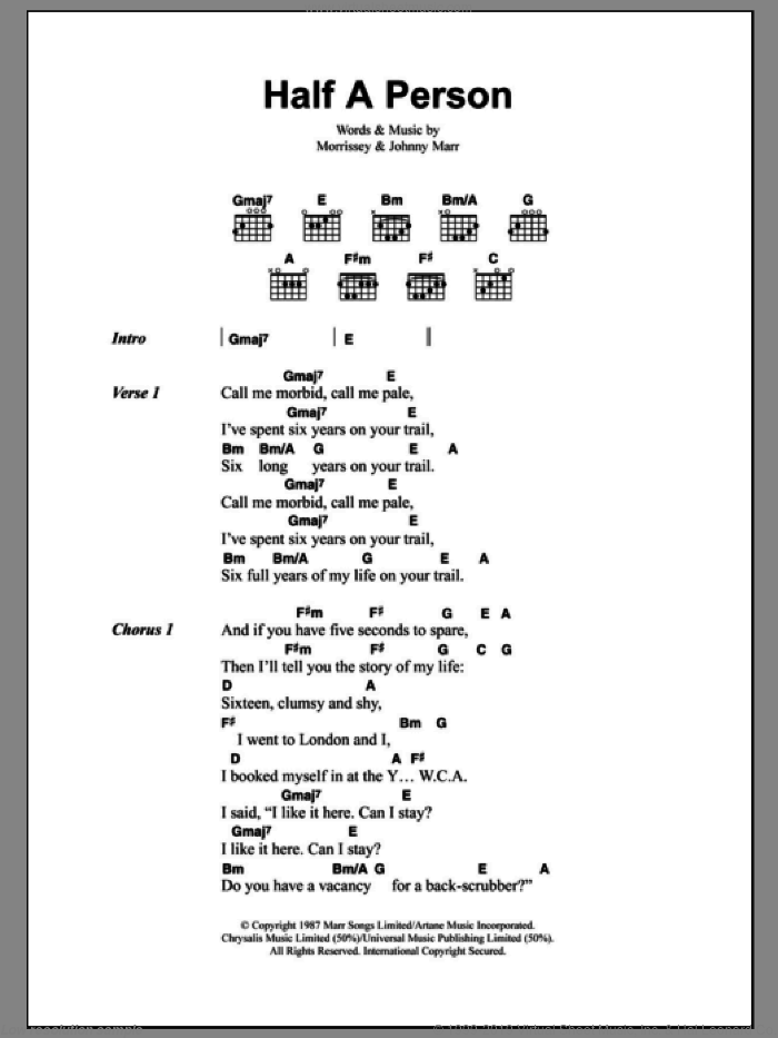 Half A Person sheet music for guitar (chords) by The Smiths, Johnny Marr and Steven Morrissey, intermediate skill level