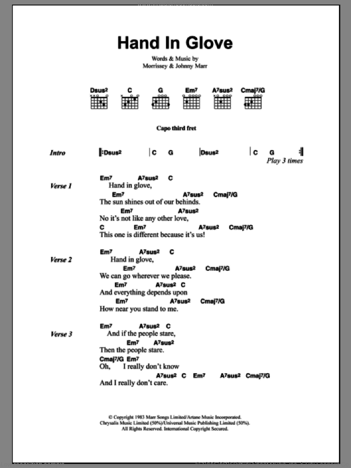 Hand In Glove sheet music for guitar (chords) by The Smiths, Johnny Marr and Steven Morrissey, intermediate skill level