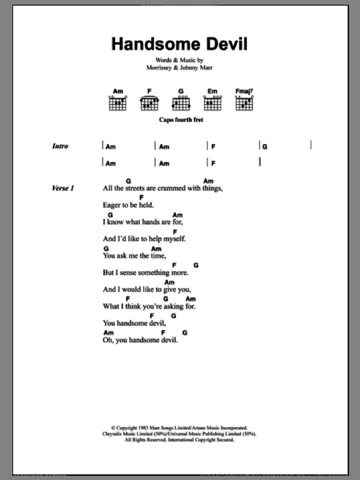 Handsome Devil sheet music for guitar (chords) by The Smiths, Johnny Marr and Steven Morrissey, intermediate skill level