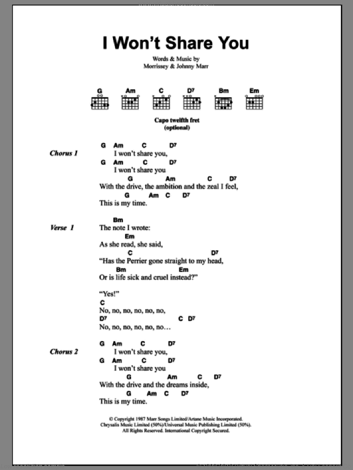 I Won't Share You sheet music for guitar (chords) by The Smiths, Johnny Marr and Steven Morrissey, intermediate skill level