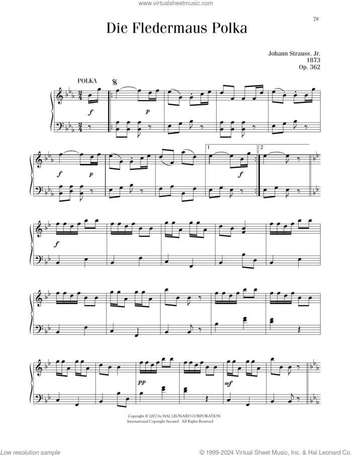 Die Fledermaus Polka, Op. 362 sheet music for piano solo by Johann Strauss, classical score, intermediate skill level