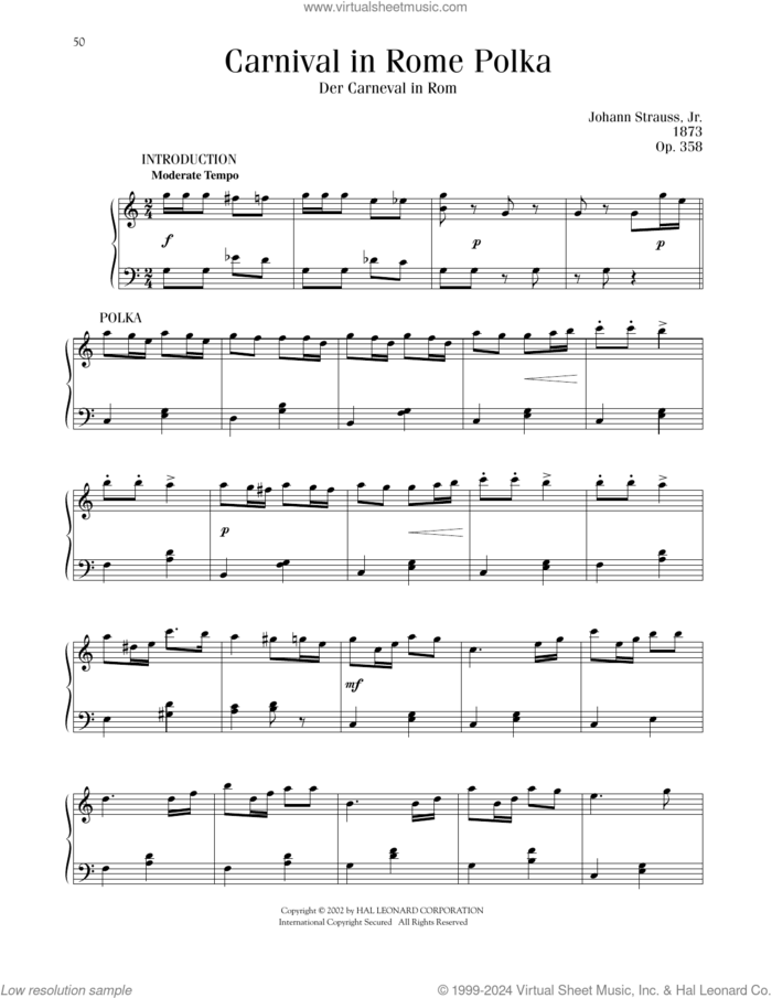 Carnival In Rome Polka, Op. 358 sheet music for piano solo by Johann Strauss, classical score, intermediate skill level