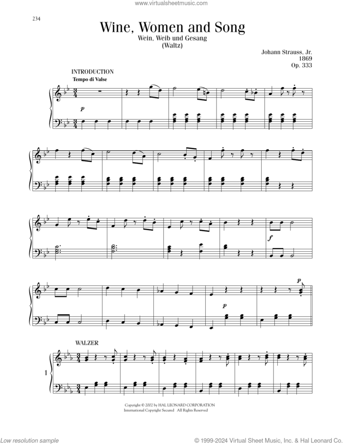 Wine, Women And Song sheet music for piano solo by Johann Strauss, classical score, intermediate skill level