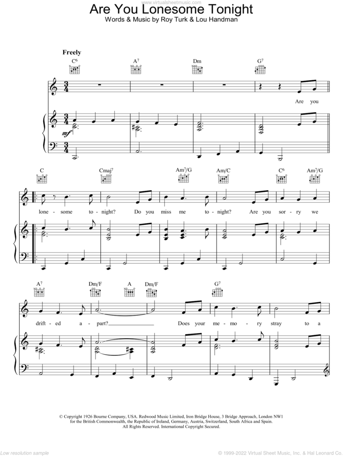 Are You Lonesome Tonight sheet music for voice, piano or guitar by Elvis Presley, intermediate skill level
