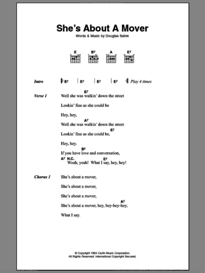 She's About A Mover sheet music for guitar (chords) by The Sir Douglas Quintet and Douglas Sahm, intermediate skill level