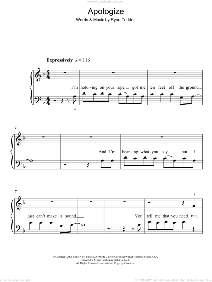 Apologize sheet music for piano solo by OneRepublic and Ryan Tedder, easy skill level
