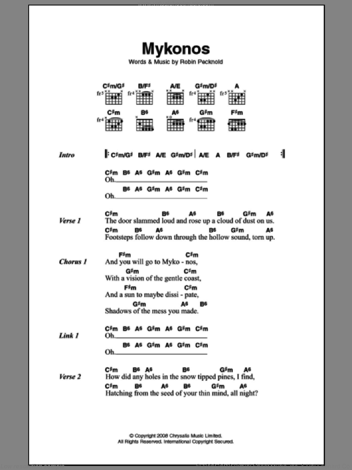 Mykonos sheet music for guitar (chords) by Fleet Foxes and Robin Pecknold, intermediate skill level