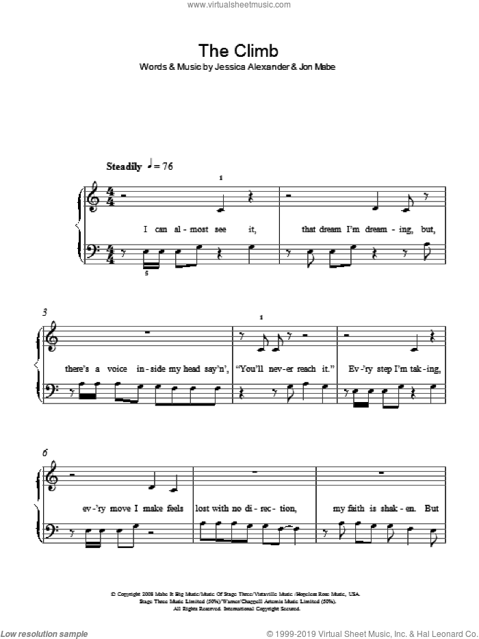 The Climb (from Hannah Montana: The Movie) sheet music for piano solo by Miley Cyrus, Jessica Alexander and Jon Mabe, easy skill level