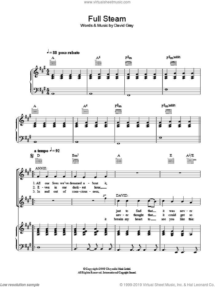 Full Steam sheet music for voice, piano or guitar by David Gray, intermediate skill level