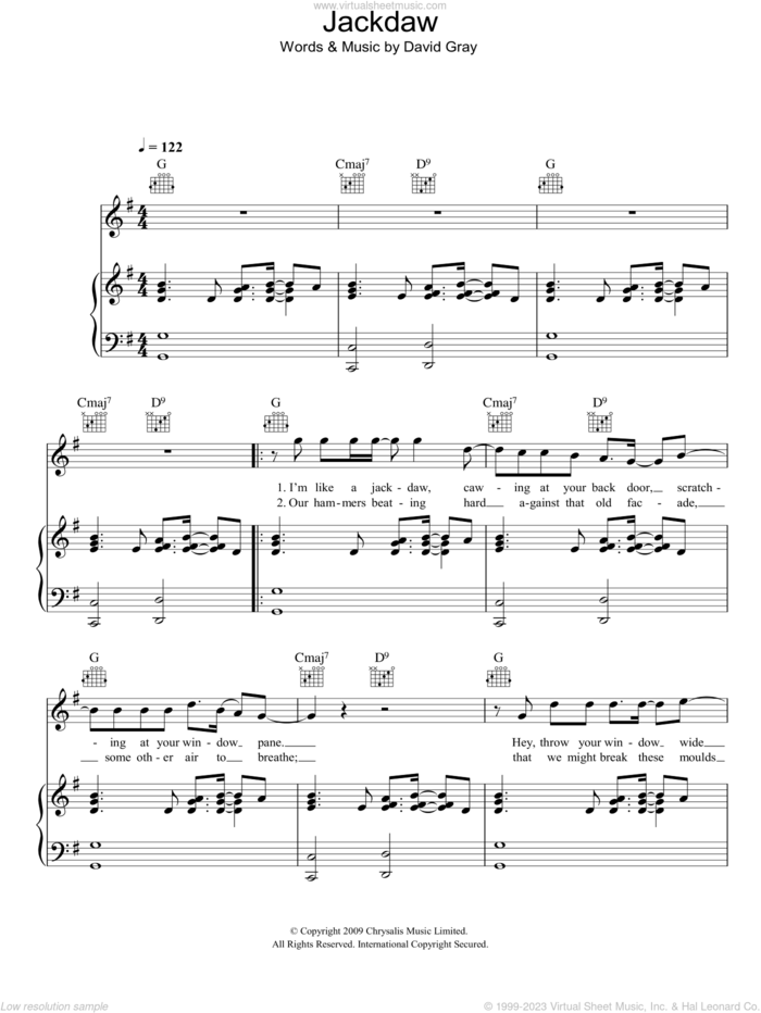 Jackdaw sheet music for voice, piano or guitar by David Gray, intermediate skill level