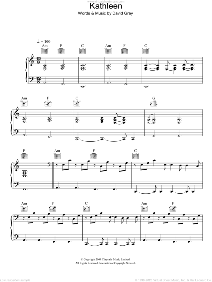 Kathleen sheet music for voice, piano or guitar by David Gray, intermediate skill level