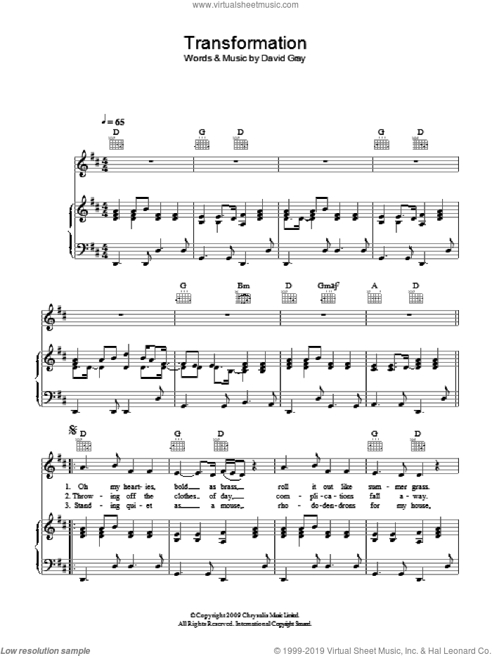 Transformation sheet music for voice, piano or guitar by David Gray, intermediate skill level