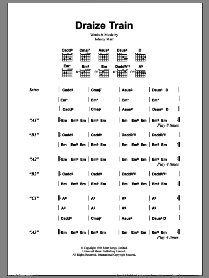 Draize Train sheet music for guitar (chords) by The Smiths and Johnny Marr, intermediate skill level