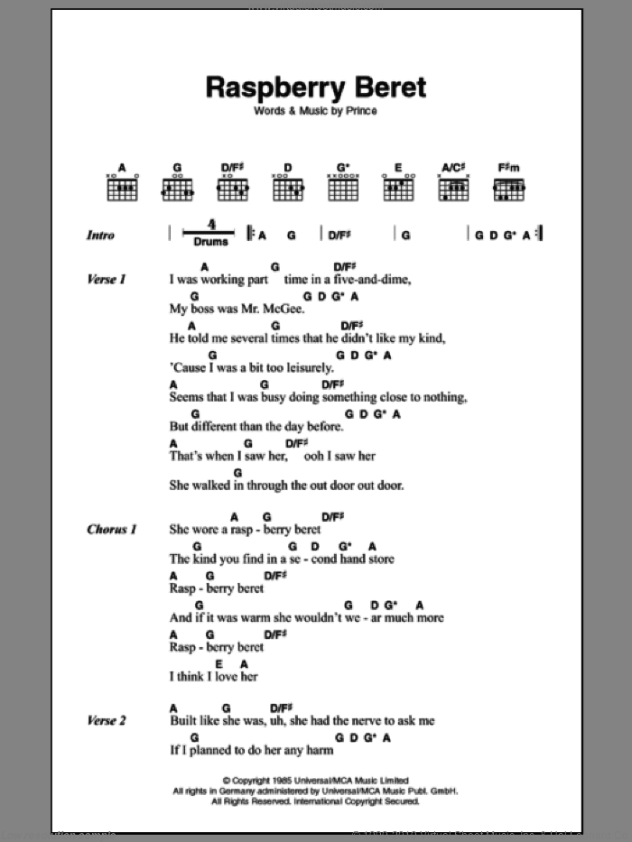 Raspberry Beret sheet music for guitar (chords) by Prince, intermediate skill level