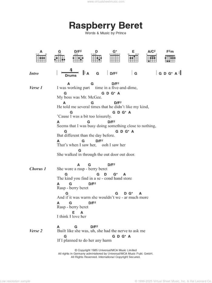 Raspberry Beret sheet music for guitar (chords) by Prince, intermediate skill level