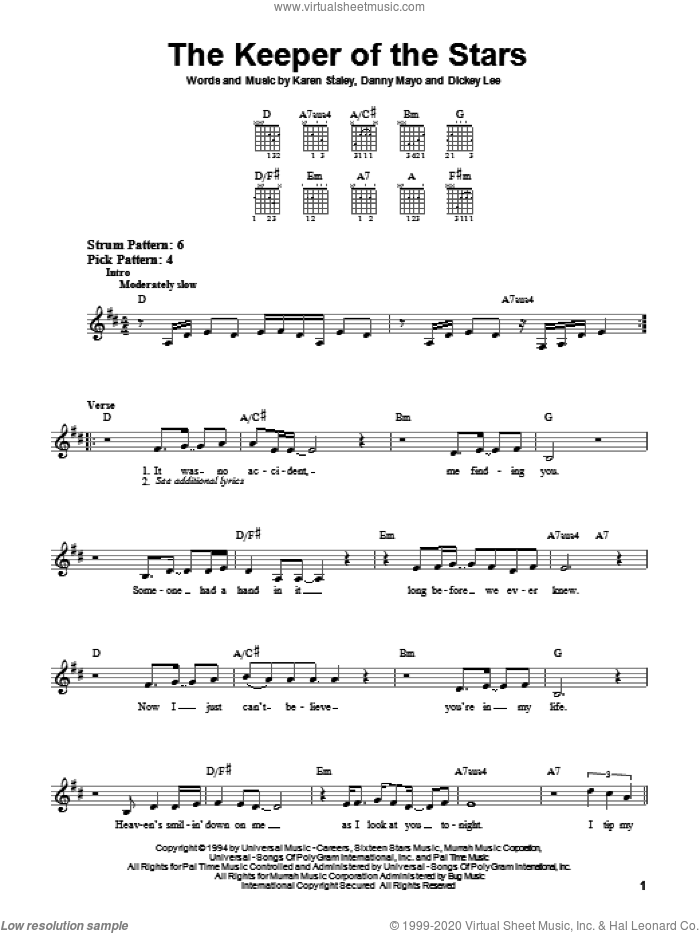 The Keeper Of The Stars sheet music for guitar solo (chords) by Tracy Byrd, Danny Mayo, Dickey Lee and Karen Staley, wedding score, easy guitar (chords)
