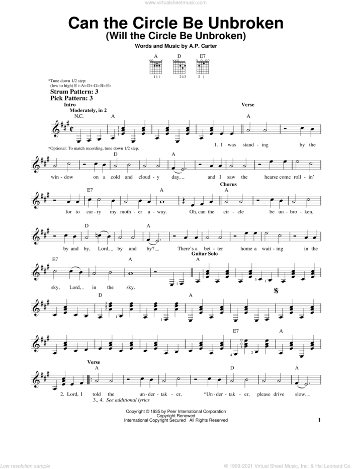 Can The Circle Be Unbroken (Will The Circle Be Unbroken) sheet music for guitar solo (chords) by The Carter Family and A.P. Carter, easy guitar (chords)
