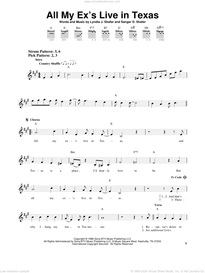 All My Ex's Live In Texas sheet music for guitar solo (chords) by George Strait, Lyndia J. Shafer and Sanger D. Shafer, easy guitar (chords)