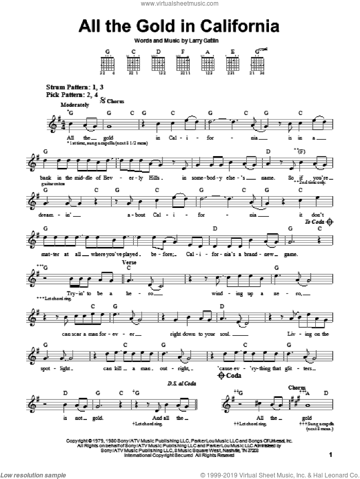 All The Gold In California sheet music for guitar solo (chords) by The Gatlin Brothers and Larry Gatlin, easy guitar (chords)
