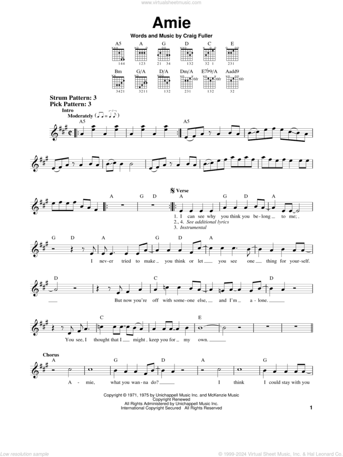 Amie sheet music for guitar solo (chords) by Pure Prairie League and Craig Fuller, easy guitar (chords)