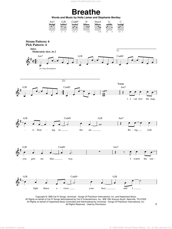 Breathe sheet music for guitar solo (chords) by Faith Hill, Holly Lamar and Stephanie Bentley, easy guitar (chords)