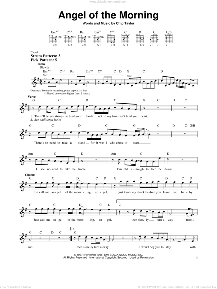 Angel Of The Morning sheet music for guitar solo (chords) by Juice Newton, Merrilee Rush, Merrilee Rush & The Turnabouts and Chip Taylor, easy guitar (chords)