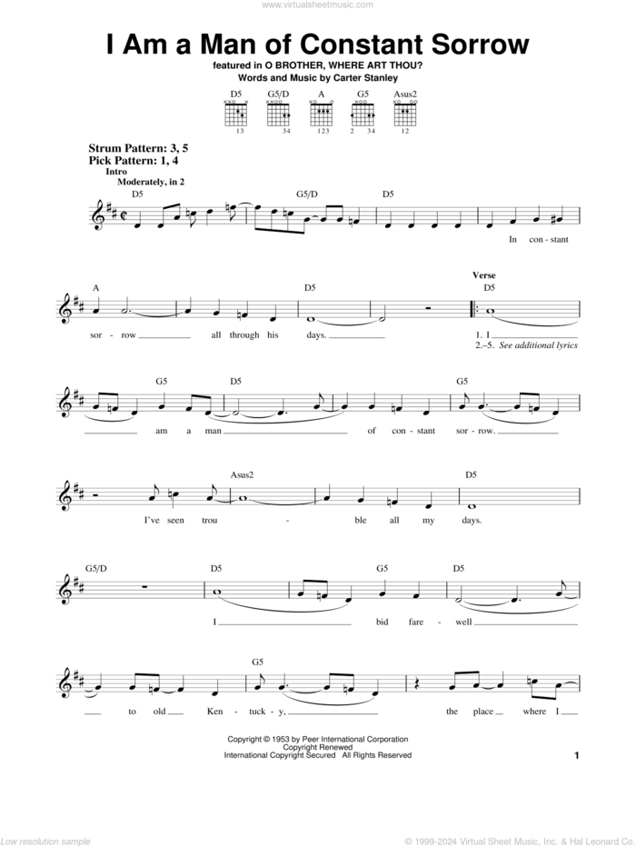 I Am A Man Of Constant Sorrow sheet music for guitar solo (chords) by The Soggy Bottom Boys, O Brother, Where Art Thou? (Movie) and Carter Stanley, easy guitar (chords)