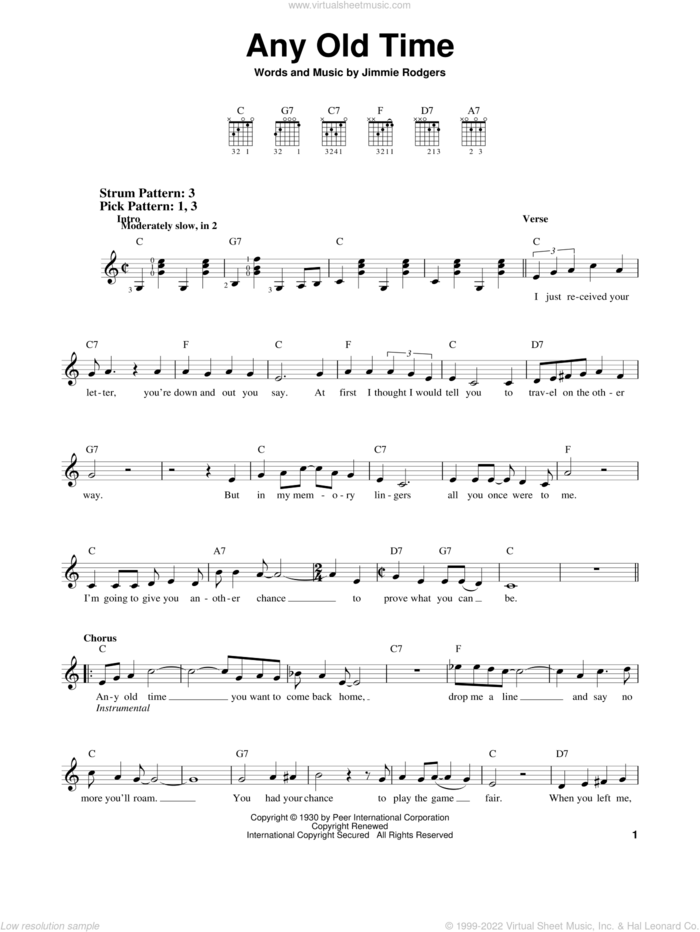 Any Old Time sheet music for guitar solo (chords) by Jimmie Rodgers and Webb Pierce, easy guitar (chords)